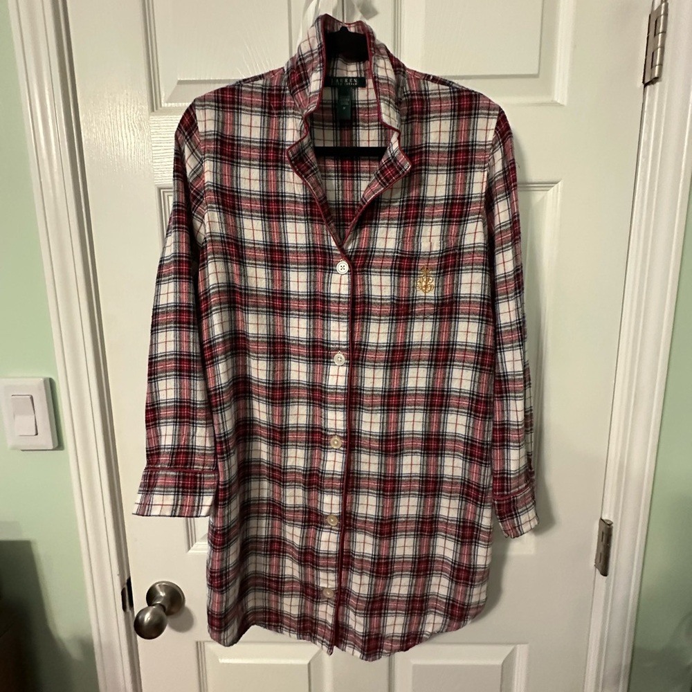 Red plaid Ralph Lauren sleep shirt with emblem pocket